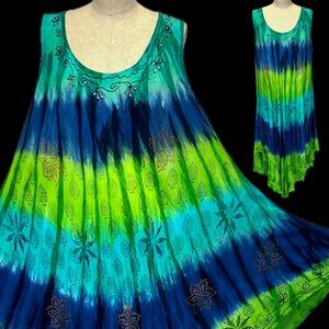 VINTAGE ocean watercolor tie dye‎ fade dress sundress sleeveless beachy coverup